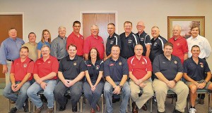 Left to Right, Front Row: Representing the Iowa Firefighters Association; Marv Trimble, Al Esch, Brad Yeager, Wendy Lensing, Bill Halleran, Gene Evans, Louie Shutts and Mark McNees. Second Row: John Swan and Terry Ford of the Illinois Firefighters Association; DeeDee Jankovich and Mark Rosenblum of the Minnesota State Fire Department Association; Troy Wolf and Steve Hirsch of the Kansas State Firefighters Association; Parrish Abel, Bill Lundy, Jim Horn and Joel Cerny of the Nebraska State Volunteer Firefighters Association; Larry Plumer of the Wisconsin State Firefighters Association; and Keith Smith of the Fire Fighters Association of Missouri. Blaze Publications photo by Jeff Gargano, Publisher.
