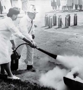 University of Missouri Fire Instructor Bill Westhoff conducting fire extinguisher training at the hospital in Washington in the 1970’s.