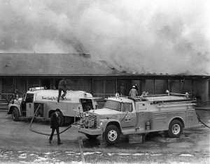 Motel Fire at the Midway Interchange on Interstate 70 west of Columbia sometime in the mid 1970’s - Apparatus Shown include a new  4X4 International 750 G.P.M front mount built by Towers Fire Apparatus of Freeburg IL. There were three of these built for Boone County and the first NEW equipment after a fire district was formed. Tanker is a conversion from a fuel delivery truck from M.F.A Oil Company 