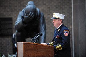 Chief James E. Leonard speaks at 150th Anniversary ceremony at the Kneeling Firefighter Statue.