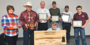 Front Row: Retired Captain Pee Wee McCannon – 35 years; Back Row: Captain Dawn Keenan – 30 years; Firefighter Larry Steinbach – 35 years; Lieutenant Tommy Edwards – 10 years; Firefighter Doug Brookshier – 10 years; Captain Vernon Collett – 20 years; Firefighter Kenaniah Feltenstein – 5 years.   